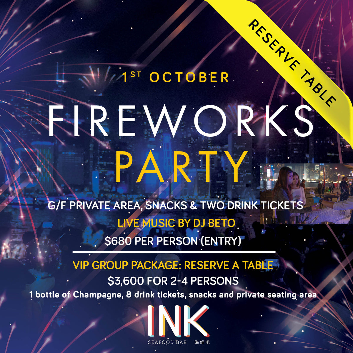 VIP Group Package (1–4 persons Reserved Table) Fireworks Party at INK Cafe